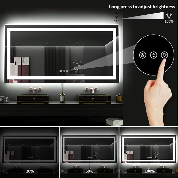 LOAAO 60"X36" LED Bathroom Mirror with Lights, Anti-Fog, Dimmable, Backlit + Front Lit, Lighted Bathroom Vanity Mirror for Wall, Memory Function, Tempered Glass, ETL Listed