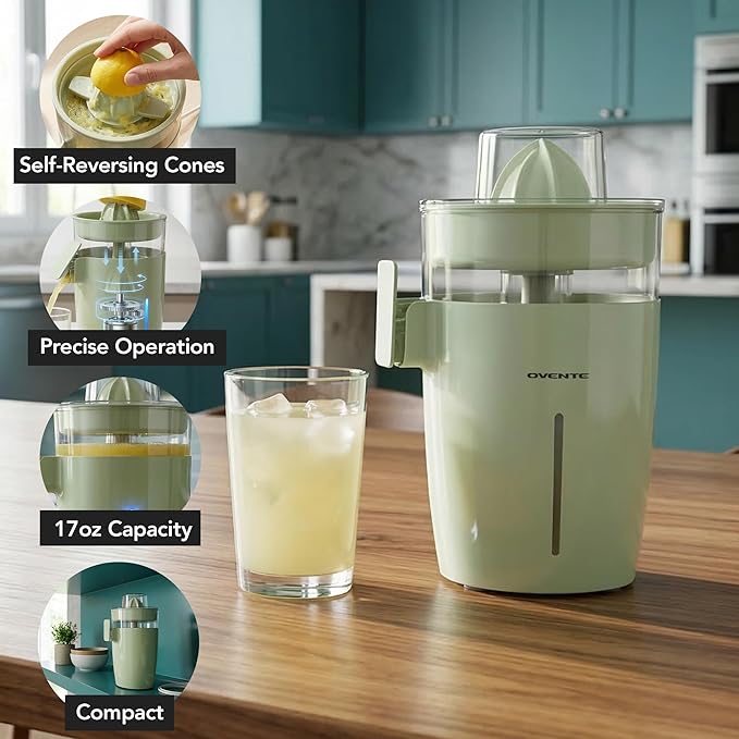 OVENTE Electric Citrus Juicer Machine with Self-Reversing Cones, 40 Watts, 17 oz Capacity, Pulp Control and Easy Pour Spout, Juice Squeezer for Orange, Lemon, Lime or Grapefruit, Green JE44G