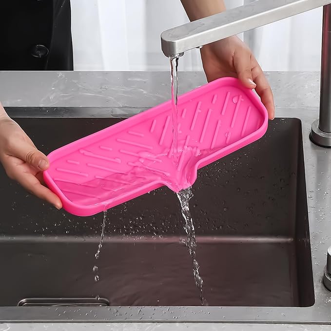 MicoYang Silicone Soap Dish with Drain Spout — Self-Draining Double Sink Organizer Tray for Kitchen & Bathroom, Dispensers, Sponges & Soap Holder, Non-Slip & Dishwasher Safe, Rose (Large, 12"×4")