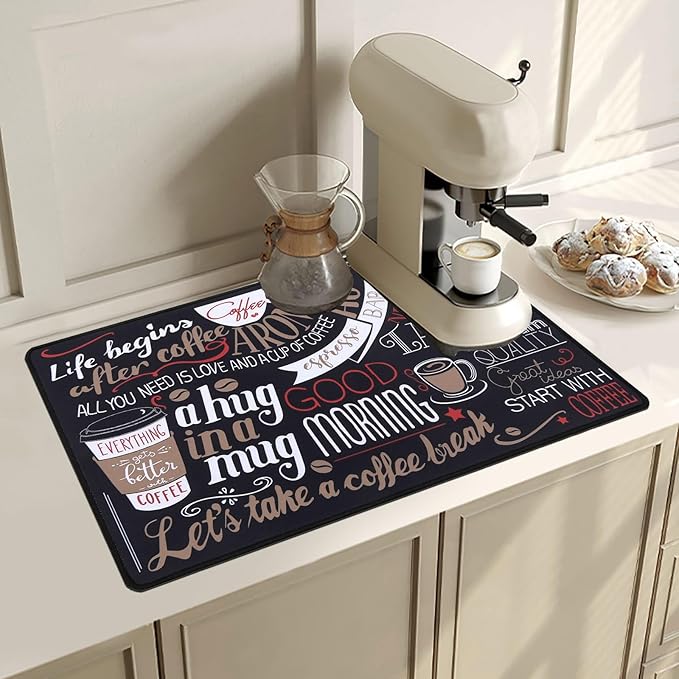SHACOS Coffee Mat 2-Pack 12x19 inch Absorbent Non Slip Rubber Coffee Maker Mat for Countertop Bar Accessories Espresso Heat Resistant, Black Red