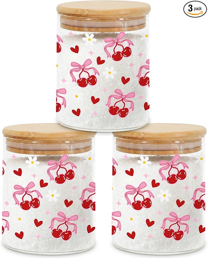 3 Pcs Pink Cherry Bow Glass Storage Jars with Airtight Lids Pink Cherry Candy Cookie Jars Gift Bow Coquette Kitchen Decor Canister Cute Kitchen Containers Gifts for Sugar Cookie