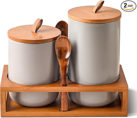 Gray Ceramic Canister Set of 2 with Bamboo Lids, Wooden Stand & Spoons – 35oz & 28oz Airtight Food Storage Jars for Coffee, Sugar, Tea, Kitchen Counter Organizer