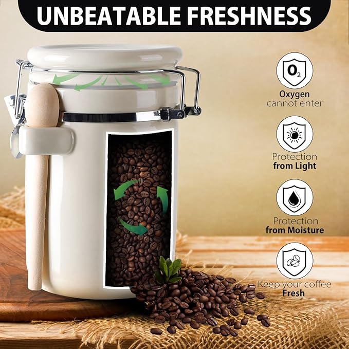 4-Piece Airtight Ceramic Canisters Set with Wooden Spoons & Chalk Labels – Perfect for Coffee, Sugar, Flour, Tea (Cream) – Stylish & Leakproof Kitchen Storage
