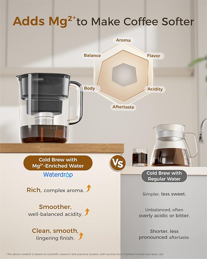 Waterdrop PT-10 Cold Brew Coffee Maker with 1 Magnesium Water Filter for Well-Balanced Acidity, Unlocks Aroma, BPA-Free Cold Brew Pitcher, Stainless Steel Filter for Iced Coffee, Tea, Lemonade, Black