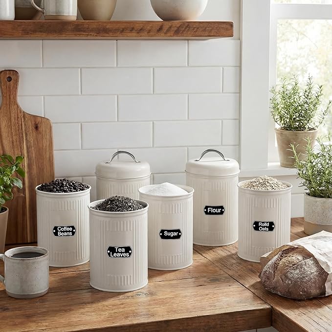 LemonRoad 10 Pack Kitchen Canisters Set Large 48oz Airtight Metal Food Storage Jars with Lids Vintage Farmhouse Coffee Canister Rustic White Pantry Decor for Coffee, Tea, Sugar, Flour, Cookies & Snack
