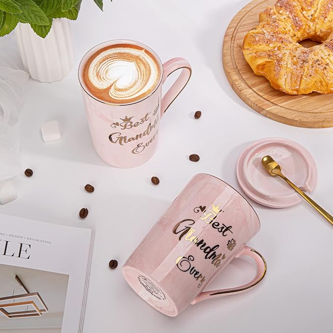 Grandma Gifts for Grandma, Mothers Day Birthday Gift for Grandmother from Granddaughter Grandson - 14Oz Pink Marble Ceramic Coffee Mugs Print with Real Gold - Lid Spoon Card, Box
