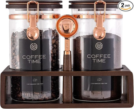 Glass Coffee & Sugar Canister Set, 2×45OZ Airtight Glass Storage Jars with Wooden Shelf and Scoop, Airtight Food Containers for Coffee Beans, Ground Coffee, Sugar and Tea（Rose Gold）