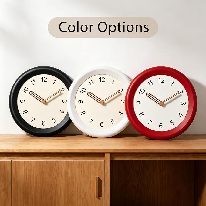 Mosewa 10 Inch White Wall Clock Silent Non-Ticking Quartz Battery Operated Analog Clock with Wood Hands, Easy to Read Minimalist Round Clock for Kitchen Living Room Bedroom Office