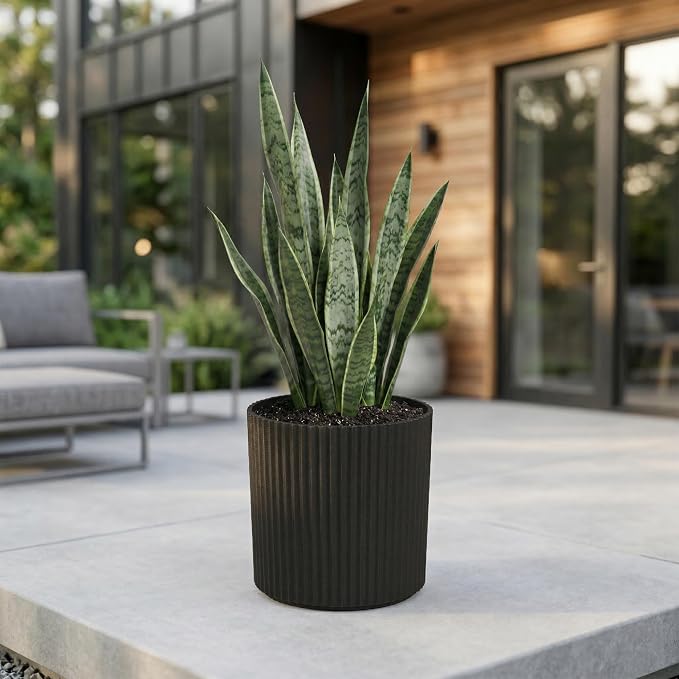 Mayne Haven 10-Inch Fluted Planter, Round Planters for Outdoor Plants, Lightweight Concrete Look Plant Pots for Porch, Patio, Garden and Entryway Décor, Black