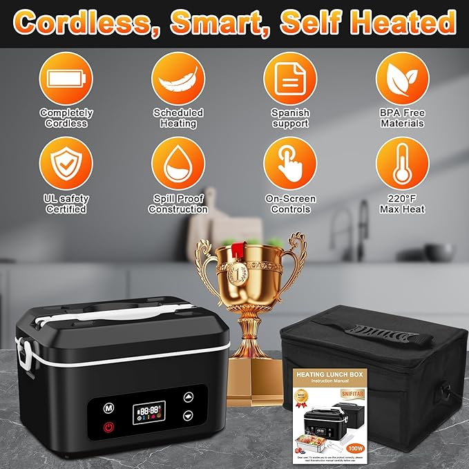 Heated Lunch Box,Electric Lunch Box, Lunch Box Battery Powered, Pro 24000mah,5.5 Cups Portable Food Heater-3D-5 Side Heating-Intelligent Temperature Control,Suitable For Trucks,Offices (Black/White)
