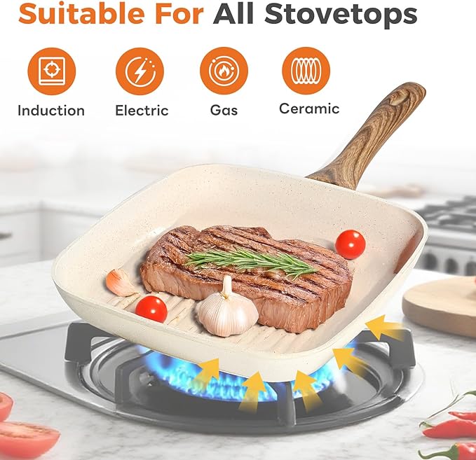 DUMOS 3 Pcs Grill Pans Set, Nonstick Square Frying Pan Skillet Set with Stay Cool Handle & PFOA Free, Compatible with All Stovetops (9.5" 10" 11") Beige