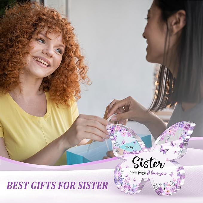 Gifts for Sister, Sister Birthday Gifts, Unique Purple Butterfly Acrylic Plaque Desk Decor, Mothers Day Valentines Christmas Rakhi Gift for Sisters Adult Graduation - 5 x 3.8 x 0.5 inches