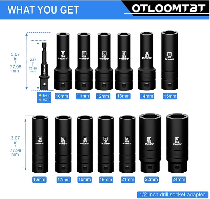 OTLOOMTBT 14-Piece 1/2-Inch Super-Rugged and Durable Impact Socket Set, Well-Made Industrial Grade Thicker Metric Deep Sockets & Socket Sets with Drill Socket Adapter 1/2 Drive, exceed than ANSI