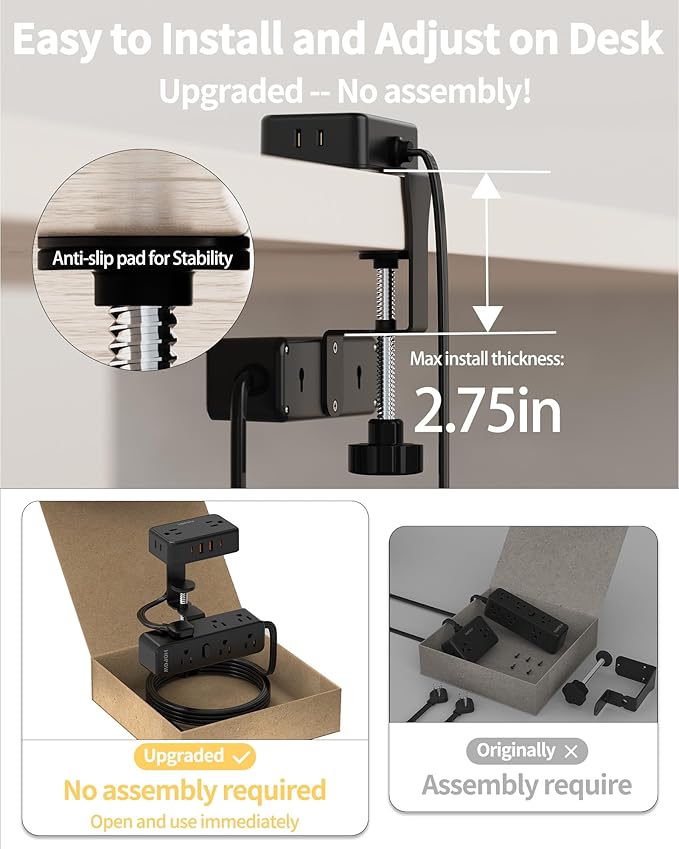 HOPOW Dual Layer Desk Clamp Power Strip, Desktop Edge Mount Charging Station with 13 Outlets 4 USB Ports (2 USB C), Under Desk Surge Protector(1700 Joules), 10 Ft Extension Cord for Office Home