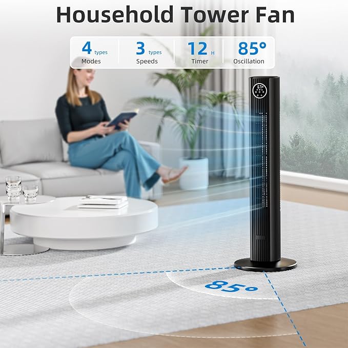 Antarctic Star 36" Tower Fan, Quiet Oscillating Cooling Fan with 12H Timer & Remote Control, 4 Modes & 3 Speeds Bladeless Standing Fan for Bedroom, Home Office & Indoor Living, Space-Saving,Grey