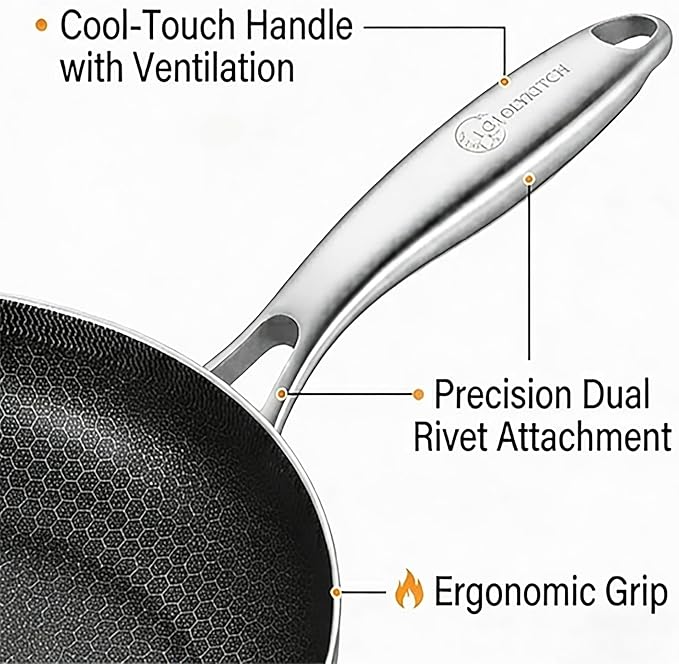 LOLYKITCH 8.5 Inch Tri-ply Hybrid Stainless Steel Non-Stick Sauté Pan with Lid,Skillet,Induction Frying Pan,Skillet,Dishwasher and Oven Safe,Riveted Handle.