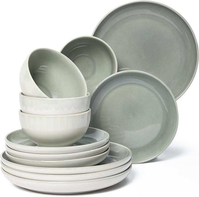 Pokini Stoneware Dinnerware Sets Service for 12, 36 pcs Reactive Glaze Plates and Bowls Sets, Handmade Ceramic Dish Set, Highly Chip and Crack Resistant Modern Plate Set, Gradient Green