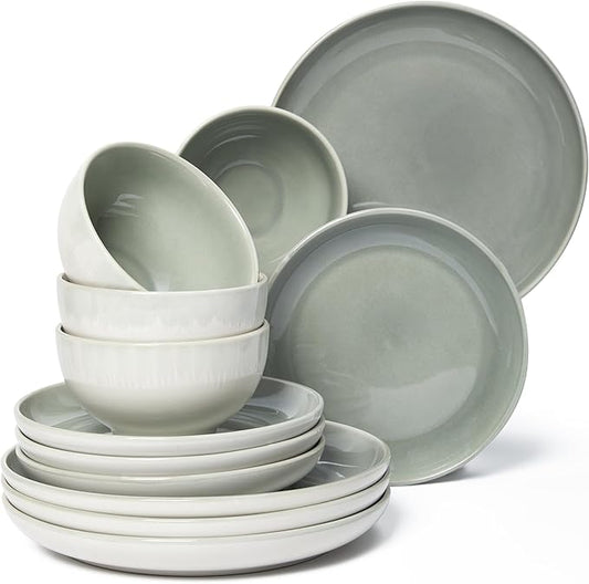 Pokini Stoneware Dinnerware Sets Service for 12, 36 pcs Reactive Glaze Plates and Bowls Sets, Handmade Ceramic Dish Set, Highly Chip and Crack Resistant Modern Plate Set, Gradient Green