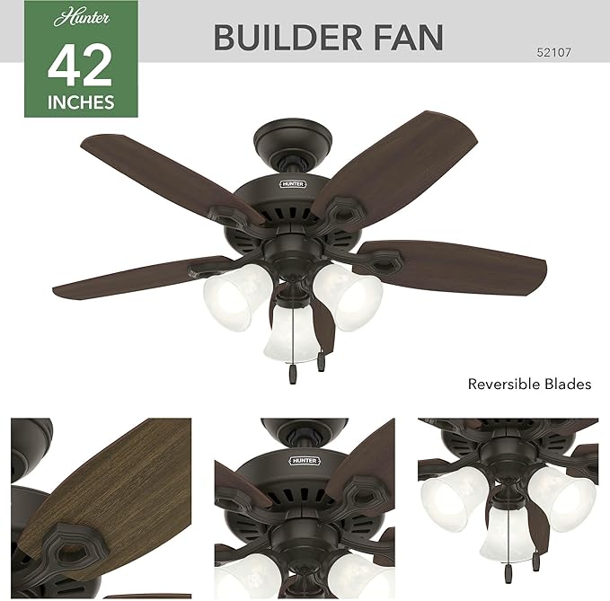 Hunter 42 inch Indoor Ceiling Fan with LED Lights - Bronze Ceiling Fan with Pull Chain, For Bedroom or Living Room, Standard Mount, No Remote, 5 Blades, Includes Bulbs - Builder 52107, New Bronze