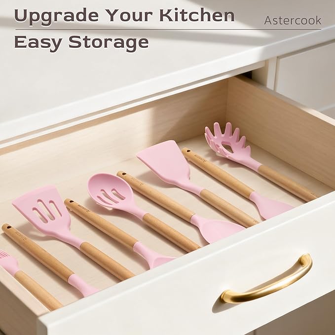 Astercook Kitchen Utensils set, 39 PCS Silicone Cooking Utensils Set with Wooden Handle, 446°F Heat Resistant Food Grade Utensil Sets, BPA Free Kitchen Gadgets Tools Set for Mothers Day Gifts