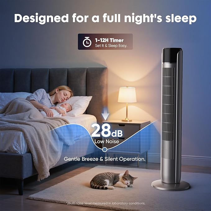 NEWBULIG Tower Fan for Bedroom, Oscillating Standing Bladeless Fan with Remote, 5 Speeds & 4Modes, 28db Quiet for Sleep, 25ft/s High Velocity, 12H Timer, Office, Home, Dorm
