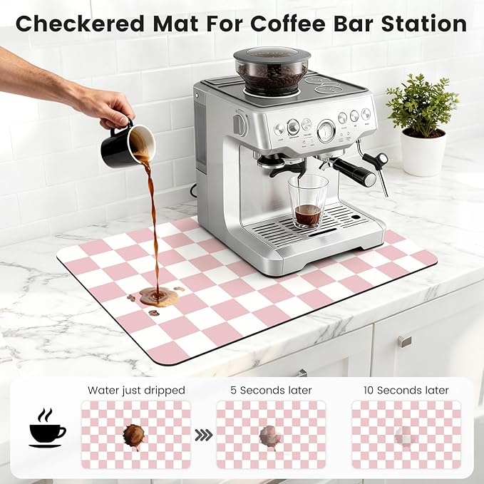 12" x 20" Checkered Dish Drying Mat for Kitchen Counter, Absorbent Coffee Bar Mat for Espresso Machine Coffee Countertops Accessories, Pink