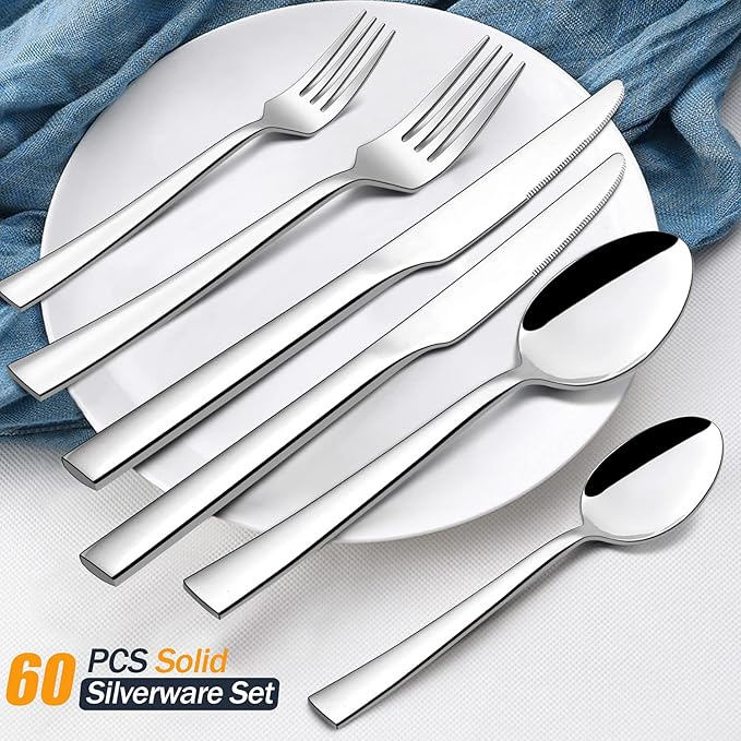 77-Piece Silverware Set with Steak Knives, Solid Stainless Steel Flatware Utensils, Modern Elegant Cutlery Tableware Set, Attach Serving Set, Mirror Polished, Dishwasher Safe-Service for 12