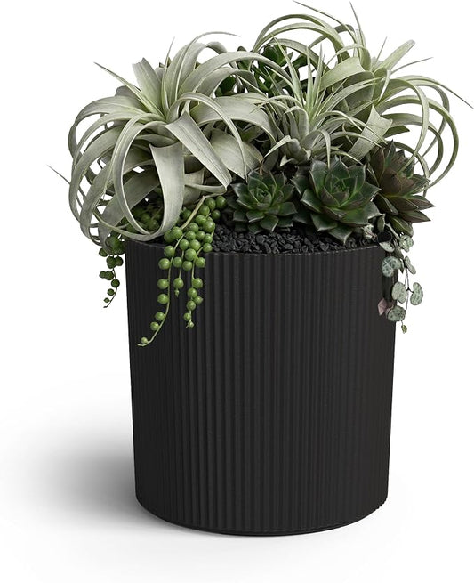 Mayne Haven 14-Inch Fluted Planter, Round Planters for Outdoor Plants, Lightweight Concrete Look Plant Pots for Porch, Patio, Garden and Entryway Décor, Black