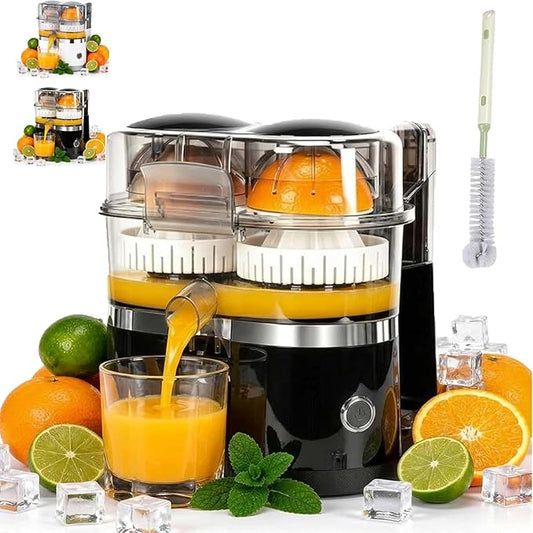 Dual-Head Automatic Citrus Juicer, Electric Citrus Juicer With Built In Cutter, One Touch Orange Lemon Lime Squeezer, 2 Speed Juice Extractor With Cleaning Brush For Home Kitchen (Black)