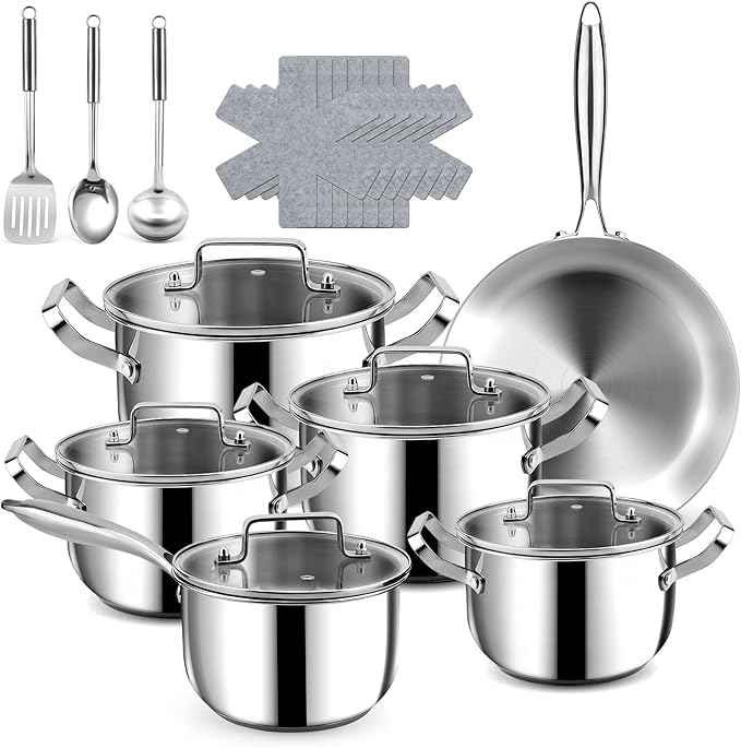 Stainless Steel Cookware Set - 21 PCS Kitchen Cookware Sets with 3-Ply Frying Pan, Even Heating, Cool Handle, Chef Quality Cooking Set, Pots and Pans Set Induction Ready, Dishwasher Safe