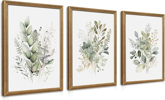 WRFON Framed Sage Green Botanical Wall Art Set of 3, Watercolor Eucalyptus & Wild Plant Canvas Prints, Minimalist Green Wall Decor for Living Room Bedroom Bathroom, 12x16 Inches