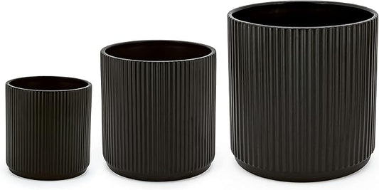 Amazon Basics Fluted Ceramic Planters for Indoor Outdoor Plants, Round Flower Pots with Drainage Hole, Set of 3, 6 inch, 8 inch, 10 inch, Black