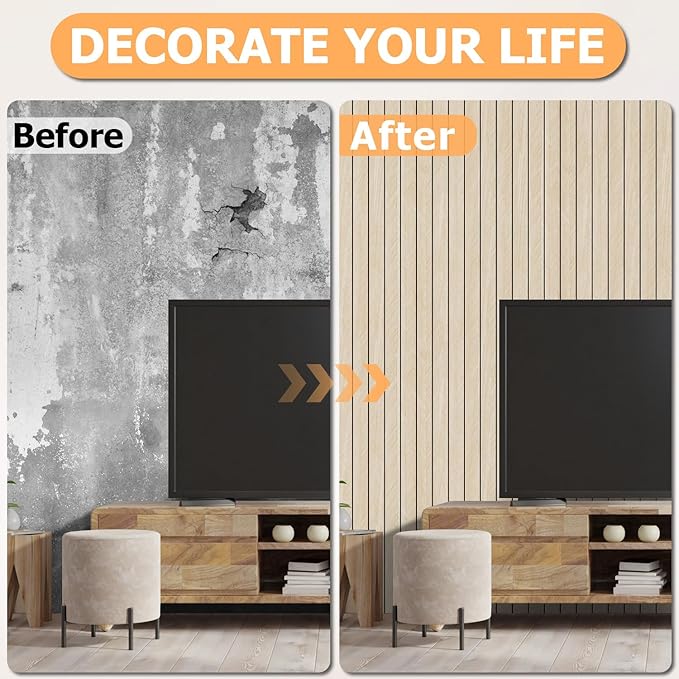 Arthome Peel and Stick Slat Wall Panels 15.7 "x120,Self-Adhesive PVC Wood Grain Wallpaper Panel,3D Thick Faux Soundproof Backsplash Accent Wall Tile for Walls & Furniture (Beige- Coverage 13 Sq.ft)