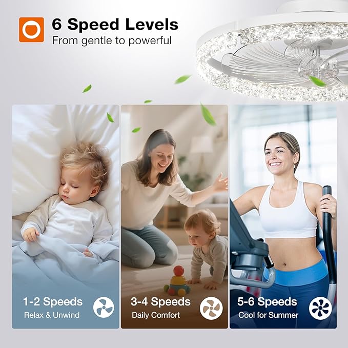 addlon Ceiling Fans with Lights and Remote, 20'' Low Profile Flush Mount Ceiling Fan, 3000–6000K Dimmable LED Fandelier, Bladeless Crystal Fan Light for Bedroom, Kitchen, Living Room, White