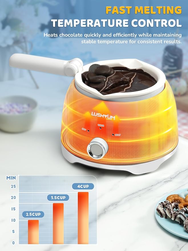 Electric Chocolate Melting Pot with 2 Insert Pots, 4-Cup Chocolate | Even Heating & Fast Melting, BPA-Free Silicone, Easy Clean, Less Waste, Ideal for Chocolate & Candy Melts, Parties, Fondue