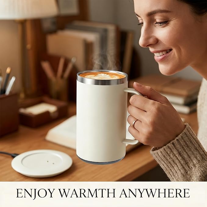 DEQIANG Self Heating Coffee Mug, Heated Coffee Mug with Smart Mug Warmer & Ergonomic Handle, Auto Heat to 131°F, USB-Powered Desk Warmer for Office Home Use, Ideal Coffee Lovers Gift (17oz White)