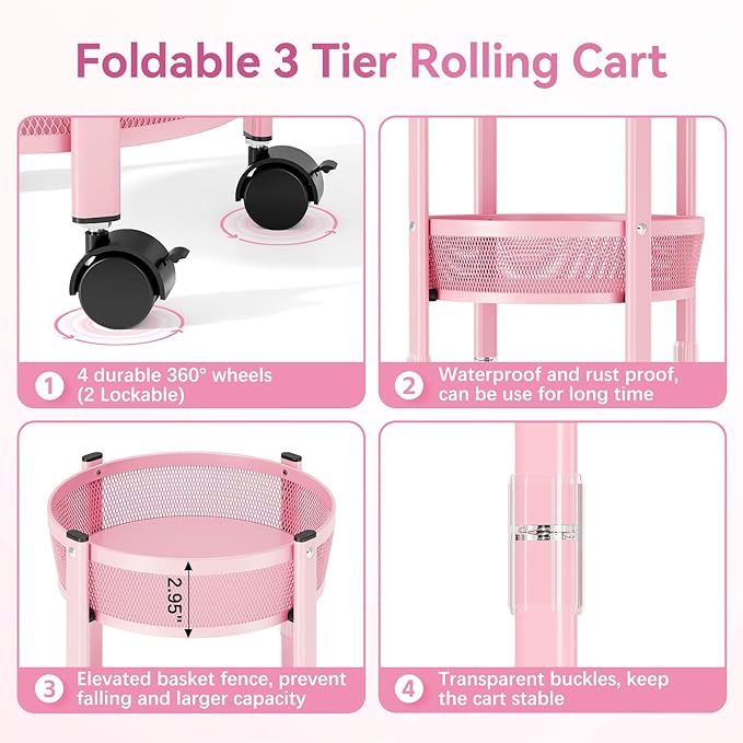 TOOLF 3-Tier Foldable Metal Storage Rolling Cart, Collapsible Utility Cart, No Assemble, Multifunction Organizer Trolley with Lockable Wheels for Kitchen, Living Room, Bathroom, Pink