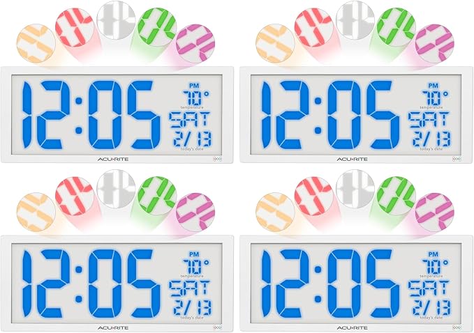 AcuRite 14.5" Oversized, Multicolor LED Clock with Indoor Temperature, Day of The Week, and Date (75160M) (Pack of 4)