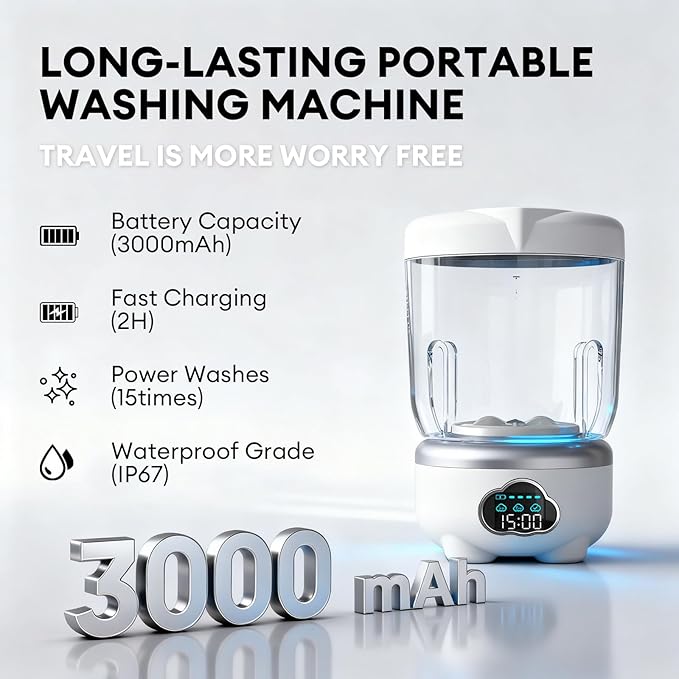 Mini Washing Machine 2025 Portable, 1.6L Compact Washer with 3000mAh Rechargeable Battery – Cordless Portable Small Washing Machine for Underwear, Baby Clothes, Socks,Ideal for Travel,Dorm,RV,Camping