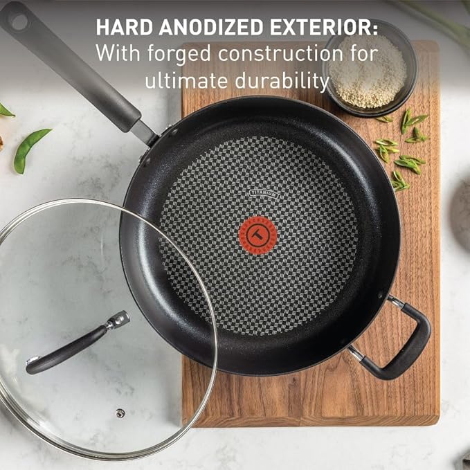 T-Fal Ultimate Hard Anodized Nonstick Fry Pan With Lid 10 Inch, Oven Broiler Safe 400F, Lid Safe 350F, Cookware, Kitchen, Home, Versatile Frying Pan, Skillet, Pots and Pans, Dishwasher Safe, Onyx