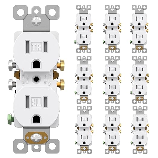 AIDA 10 Pack 15 Amp Outlet Duplex Electrical Receptacle Outlets,Power Outlet,Tamper Resistant,Heavy-Duty Receptacle, 2 Pole,3-Wire, Self-Grounding Clip, NEMA 5-15R,UL Listed,White