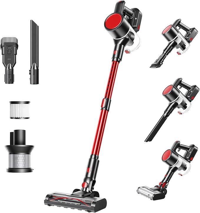 OLIXIS Cordless Vacuum Cleaner, Rechargeable Upright Cleaner with Flexible Steering, Extendable Wand, LED Headlight, 3 Brushes & Wall Mount, Handheld Vacuum for Hardwood Floor Home Cleaning