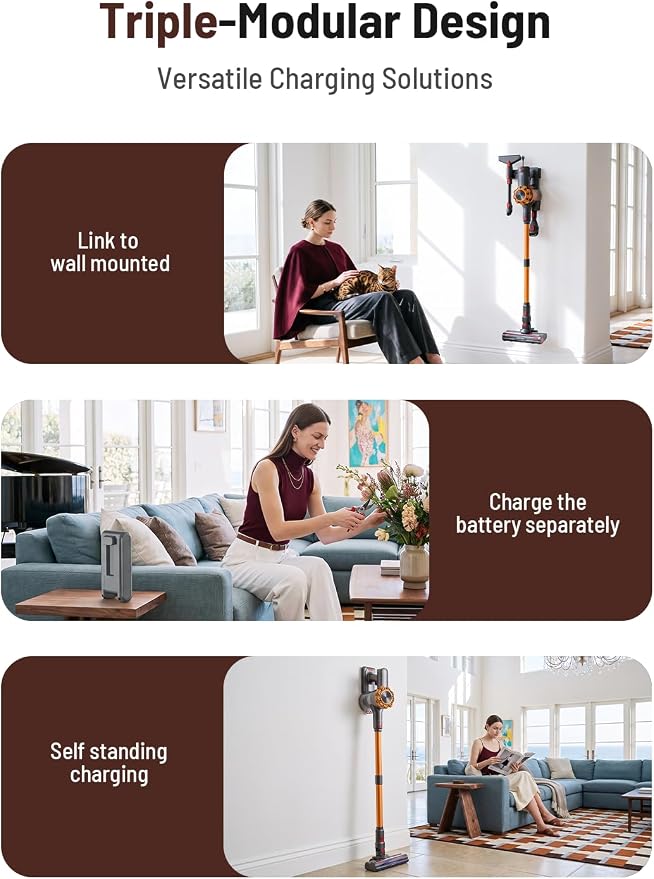CHEBIO Cordless Vacuum Cleaner, 550W/45Kpa Vacuum Cleaners for Home with LED Display, Anti-Tangle&Wall Mount, 65Mins Wireless Vacuum, 8 in 1 Lightweight Stick Vacuum for Hard Floor/Carpet/Hair