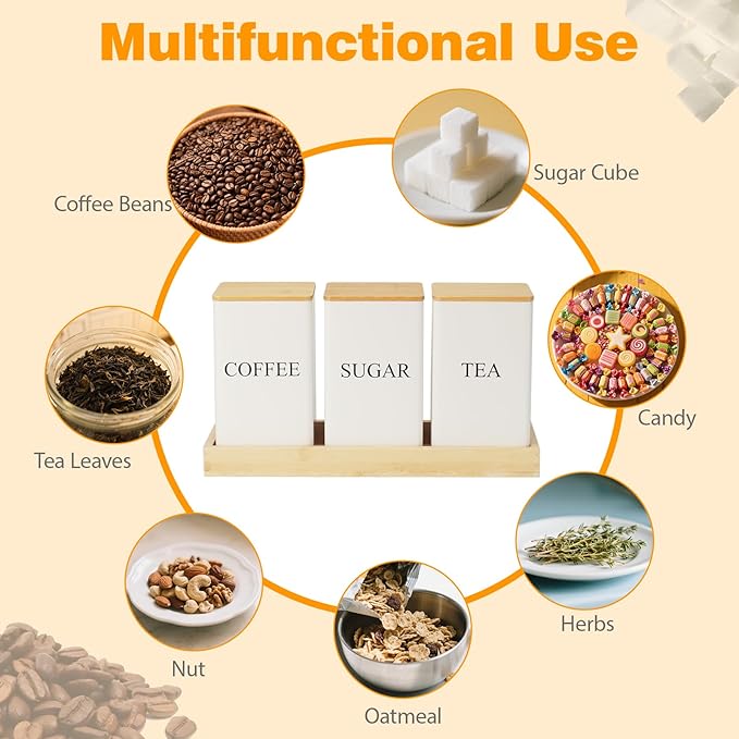 3Pcs Coffee Tea Sugar Container Set,White Iron Storage Tin with Bamboo Lid and Tray, Square Airtight Food Container Jars for Farmhouse Kitchen Dining Room Countertop Decor