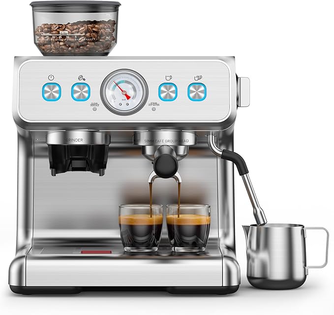 Espresso Machine with Grinder, 20 Bar Expresso Coffee Machines, Professional Coffee Maker for Latte & Cappuccino with Milk Frother, Expresso Machines for Home, Removable Water Tank, Steam Wand-Silver
