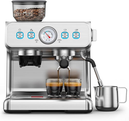 Espresso Machine with Grinder, 20 Bar Expresso Coffee Machines, Professional Coffee Maker for Latte & Cappuccino with Milk Frother, Expresso Machines for Home, Removable Water Tank, Steam Wand-Silver