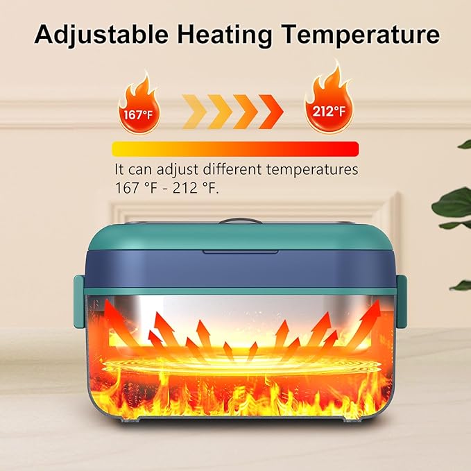 Cordless Electric Heated Lunch Box, XL 6.3Cups Rechargeable Food Warmer Lunch Box with Self Heating, Smart Timer, Adjustable Temperature, Leakproof, BPA Free, Removable Divider Blue