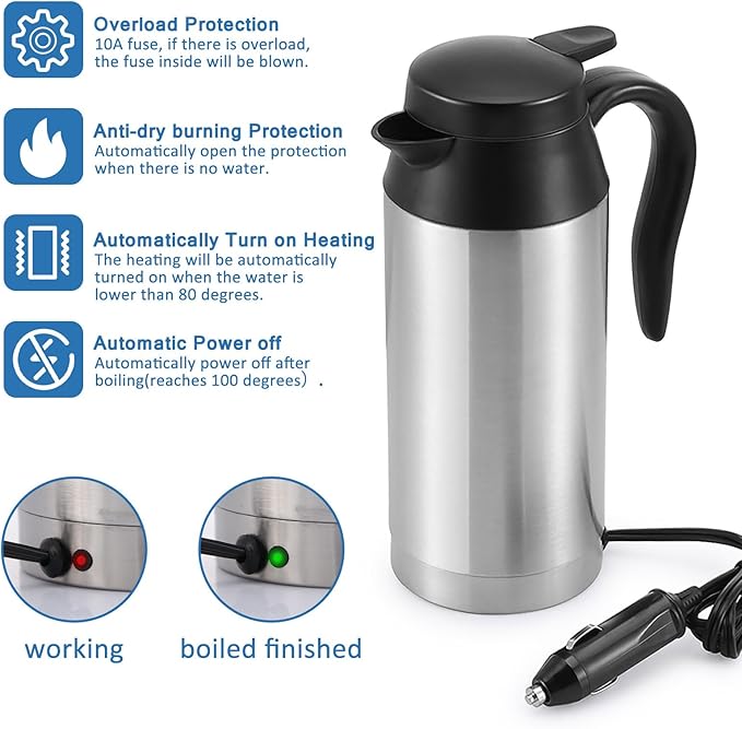 12V Car Kettle Boiler - 650ml Travel Kettle Car Water Heater Stainless Steel Car Coffee Cup Warmer Hot Water Maker with DC 12V Charger Electric Kettle for Car, Silver, A-1914218