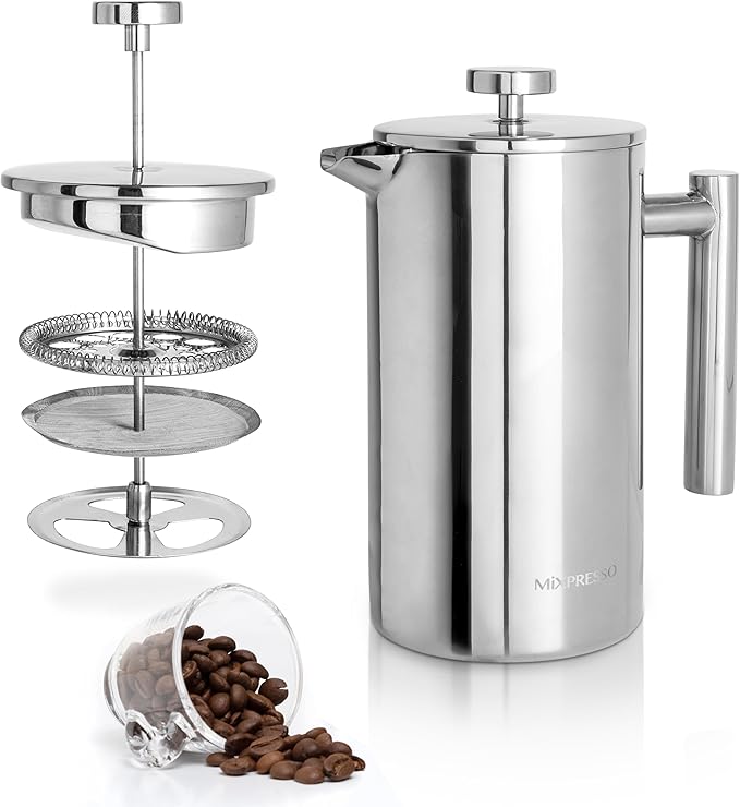 Mixpresso Stainless Steel French Press Coffee Maker 26 Oz 770 ml, Double Wall Insulated French Press Stainless Steel, Easy Clean Tea Brewer, Easy Press Durable Metal Coffee Press