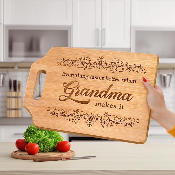 AceThrills Grandma Gifts for Grandma Birthday Gifts from Grandkids for Mother's Day - Engraved Bamboo Cutting Board 13.78"L x 9.84"W x 0.4"Th (Everything Tastes Better)
